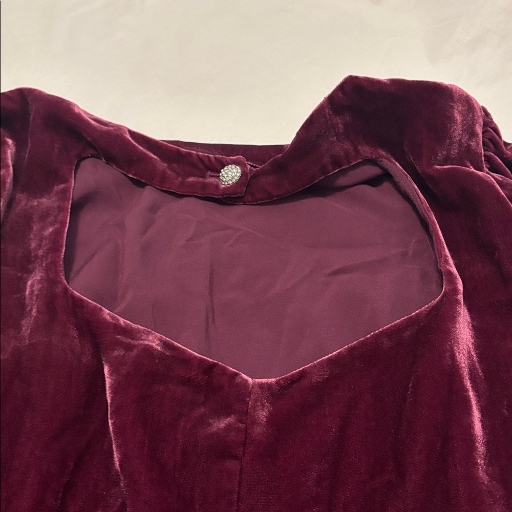 Boden Plum Velvet Open Back Mini Dress SZ 14 rhinestone button long sleeve lined - Picture 16 of 16